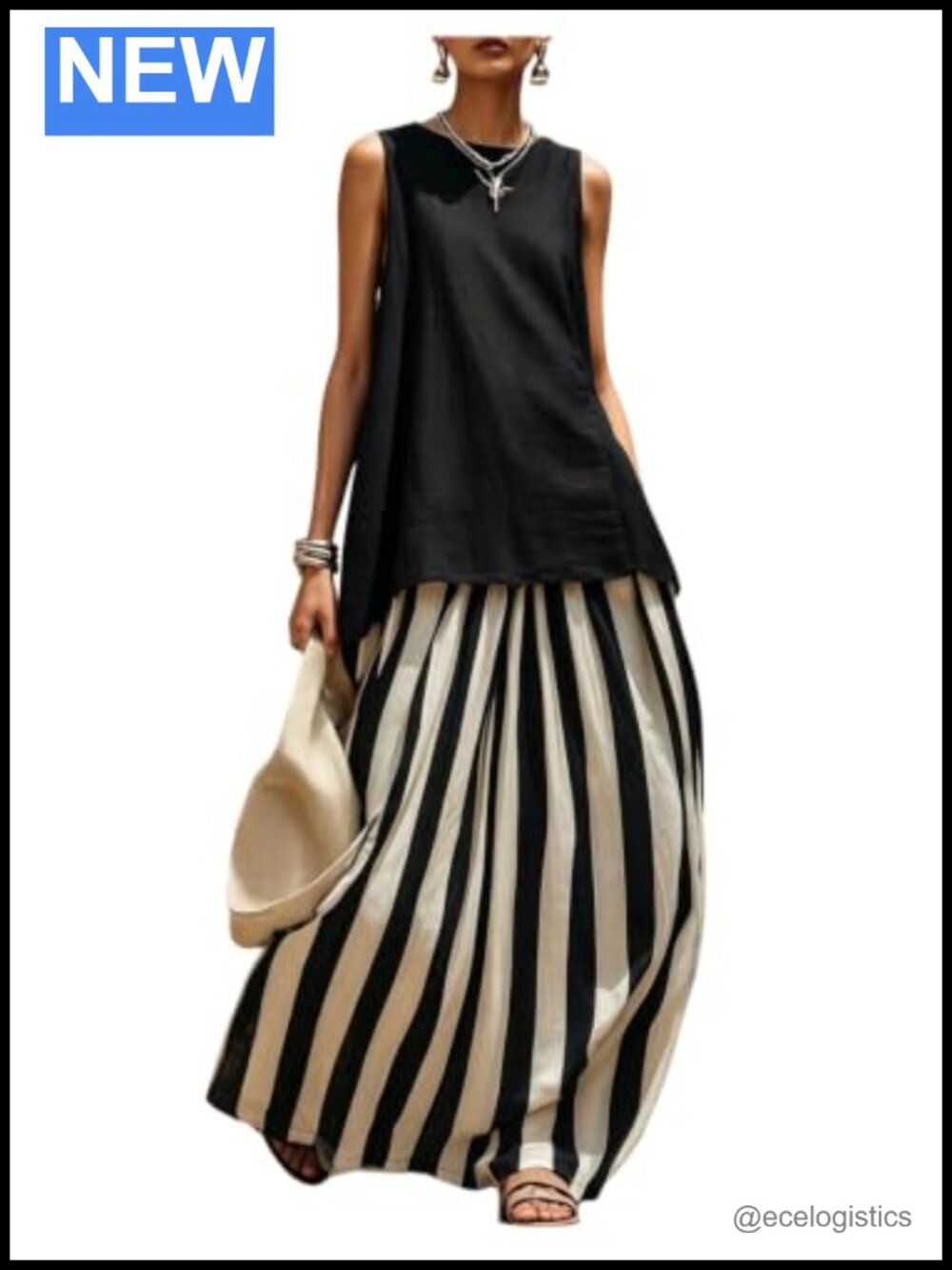 2 Piece Skirt Set Sleeveless Tank Top Striped Maxi Skirt Vacation Outfit